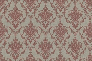 Seamless gray and deep red French linen weave background with classic flax and cream damask pattern