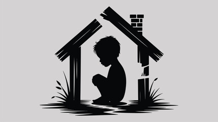 Vulnerable child silhouette in broken home represents homelessness, poverty, social issues, and child welfare