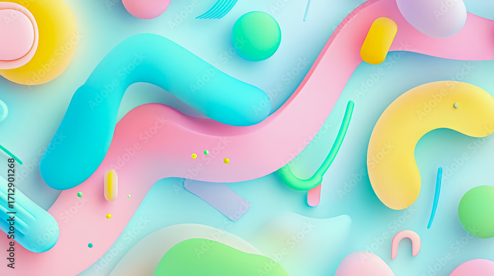 Poster playful abstract composition of soft, rounded 3d shapes and fluid lines in vibrant pastel color pale