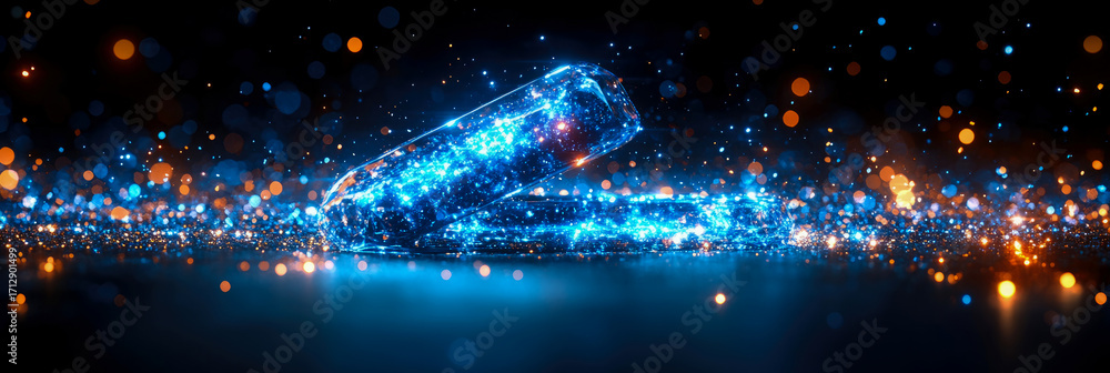Poster dynamic luminous blue abstract structures infused with glowing particles, resting on reflective surf