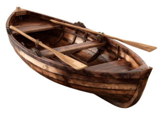 Classic Wooden Rowing Boat with Oars Resting Inside, Side View, Isolated on Transparent Background.png