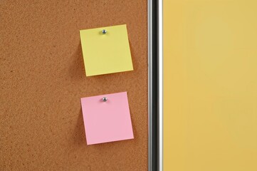 Fototapeta premium Corkboard with yellow and pink sticky notes pinned with tacks, isolated on white background
