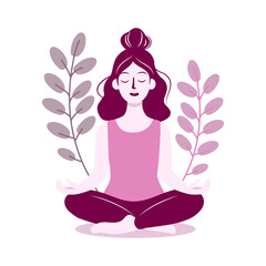 Stylized Cute Woman Meditating in Lotus Pose with Plants. Mindfulness, Calm, Yoga Vector Illustration on Light Background