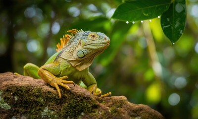 Colorful iguana perched on rock, lush green background