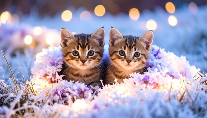Two Cute Kittens Sitting Among Frosty Flowers and Lights