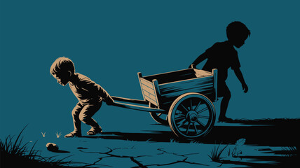 Two young boys pull a cart across a dry field, representing childhood labor and struggle together