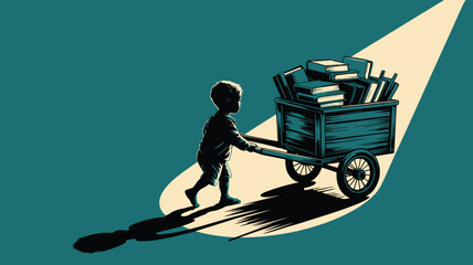 Young boy pulling wagon filled with books toward the light of knowledge and education