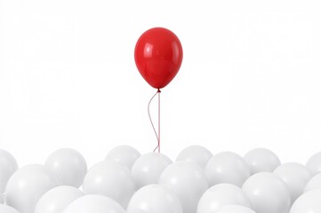 Single red balloon rising above a cluster of white balloons against a bright backdrop with glass reflections