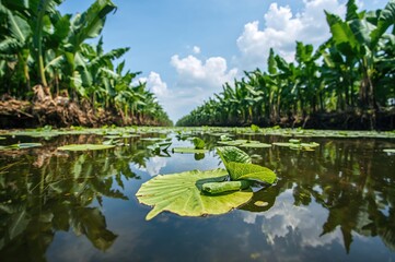 Floating water lettuce on an irrigation canal within a banana plantation.