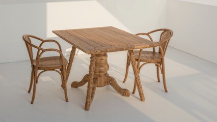 Wooden dining set comprising table and chairs displayed against a white background