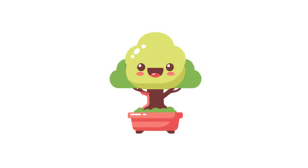 Obraz premium A cheerful cartoon bonsai tree with a smiling face, potted and animated.