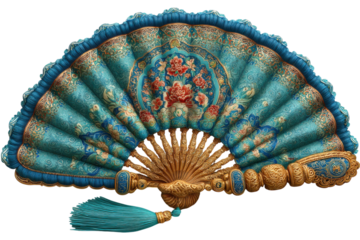 Ornate hand fan with turquoise and gold details featuring floral designs and a delicate tassel accent piece on transparent background