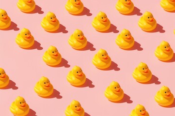 Modern sunlight isometric illustration of a child with a yellow rubber duck toy wallpaper. Continuous still life pattern on a soft pastel backdrop. Simple and artistic summer or youth-themed banner