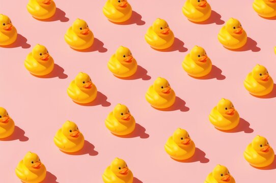 Fototapeta Modern sunlight isometric illustration of a child with a yellow rubber duck toy wallpaper. Continuous still life pattern on a soft pastel backdrop. Simple and artistic summer or youth-themed banner