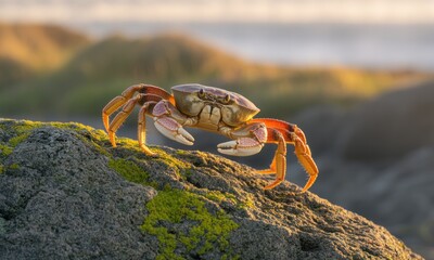 Crab on a rock at sunset