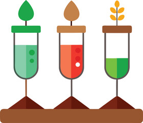 Three test tubes with plants growing in soil representing growth and science on white background