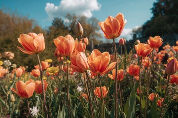 Fototapeta premium Vibrant tulip flowers blossoming in a lush garden setting. Seasonal gardening concept for warm months.