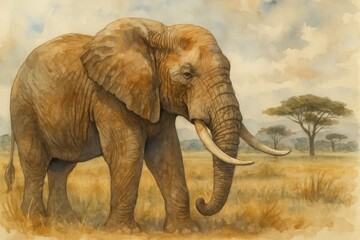 Obraz premium Watercolor Painting of African Elephant in Savannah