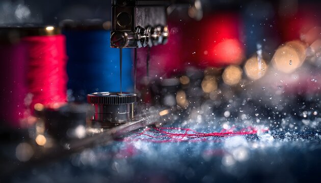 Dramatic Macro of a Sewing Machine Needle with Red Thread and Glistening Water Droplets.