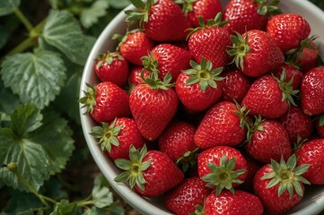 A Bowl Brimming With Fresh Organic Strawberries From The Garden. Close-Up Side Perspective Of Ripe Strawberries.