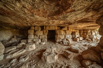 Ancient rock formation resembling a mythical dwelling, typical prehistoric architecture, stone, natural, geology, culture, archaeology, cave, paganism