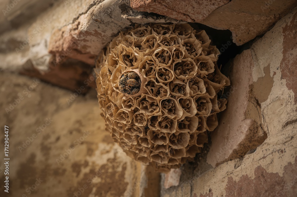 Poster nest of wasps hidden inside a home's wall, featuring abstract patterns and natural textures