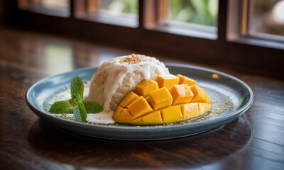 Creamy coconut rice topped with mango slices