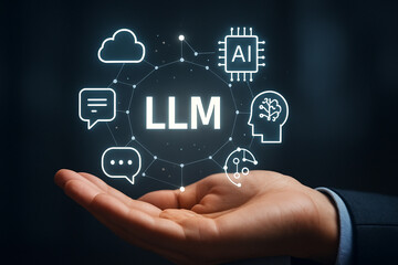 Photo realistic hand holding glowing artificial intelligence LLM icons cloud chip communication neural futuristic digital network technology concept image