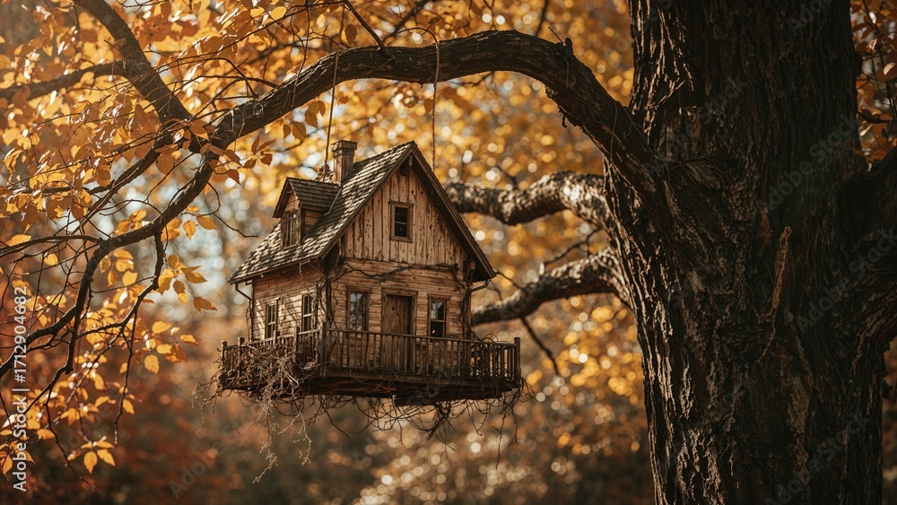 Poster wooden structure dangling from a tree adorned with yellow autumn foliage. selective focus against a 