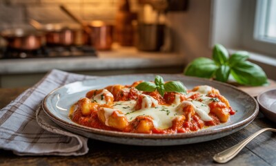 Creamy gnocchi with tomato sauce, topped with melted mozzarella and fresh basil, served on a plate.  Kitchen background with copper pots