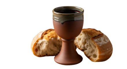 Rustic ceramic chalice with dark wine and artisanal bread, open aged bible blurred, on burlap with soft warm light, close-up with creamy bokeh and copy space, Christian sacrament concept