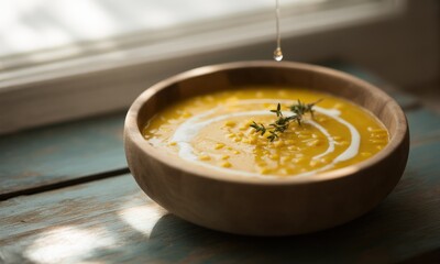 Creamy, golden soup in a wooden bowl, a drizzle of liquid, thyme garnish