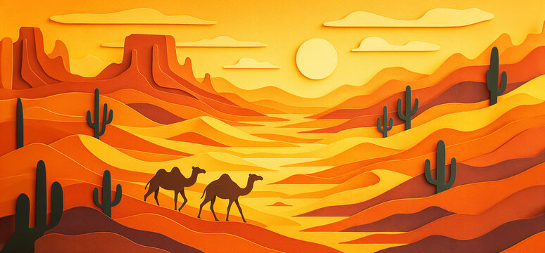Desert landscape with camels, cacti and mountains in warm sunset holiday scene