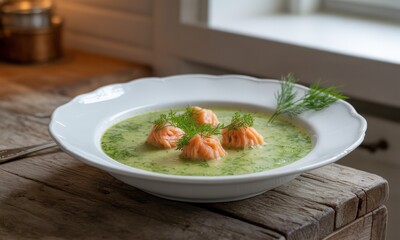 Creamy green soup with salmon balls, garnished with dill, in a white bowl on a wooden table