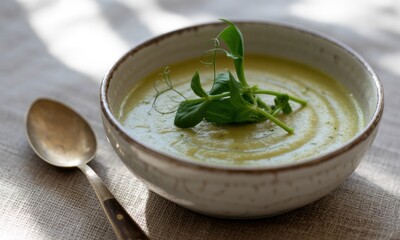 Creamy, light green soup in a bowl, garnished with fresh pea shoots