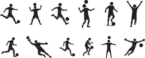 Soccer Stickman Silhouette Icons Set – Football Player Poses, Dribbling, Kicking, Goalkeeper, and Celebration