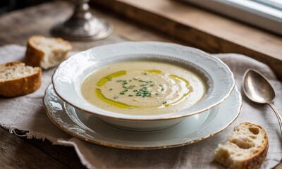 Creamy, light-beige soup in a decorative bowl, garnished with chives and olive oil. Toasted bread slices are beside the bowl