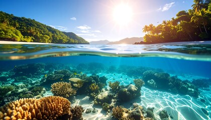 Underwater Coral Reef with Tropical Island Landscape and Sunlight