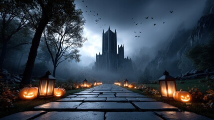 Naklejka premium Spooky Halloween scene featuring carved pumpkins lining a cobblestone path leading to a dark castle under a moonlit sky with bats flying above, creating an eerie atmosphere
