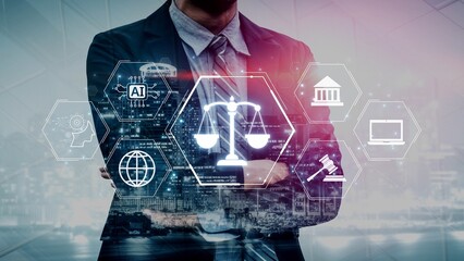 Futuristic digital law interface displaying justice scale, highlighting digital law, AI compliance,...