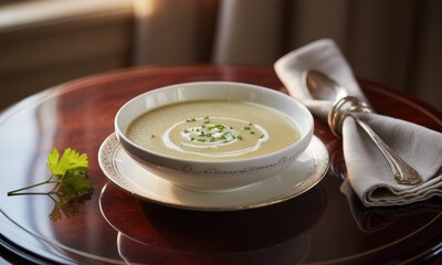 Creamy soup in a bowl, garnished with chives and a dollop of cream, on a polished table with a linen napkin and spoon