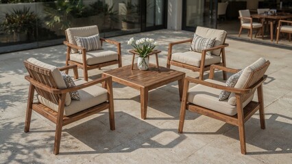 Fototapeta premium Wooden seating set placed on a tiled balcony floor