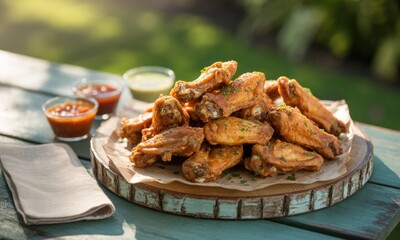 Crispy chicken wings piled high on a rustic wooden platter, surrounded by dipping sauces, outdoors