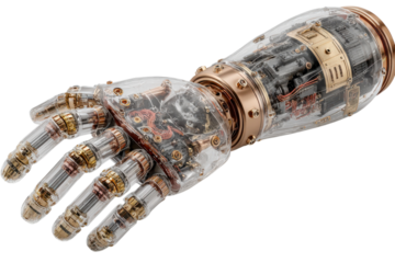 Detailed view of a futuristic robotic arm with transparent casing revealing intricate internal mechanisms on transparent background