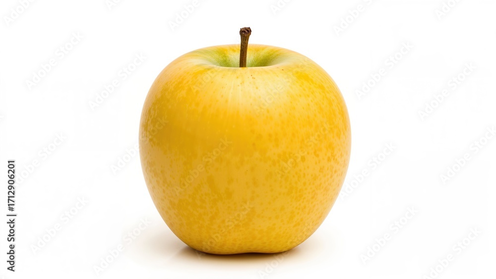 Poster bright yellow apple on a plain white backdrop with clipping path and sharp focus