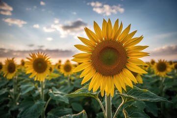 Obraz premium Expansive yellow sunflower plantation under a cloudy sky