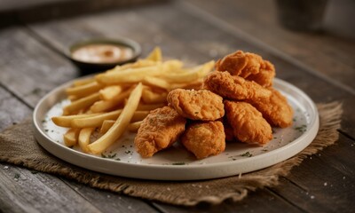 Crispy fried chicken tenders and french fries on a plate