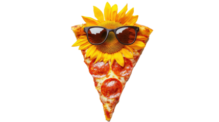 A sunflower blooms from a slice of pepperoni pizza wearing shades, symbolizing spicy charm and sunny confidence, on white background. png