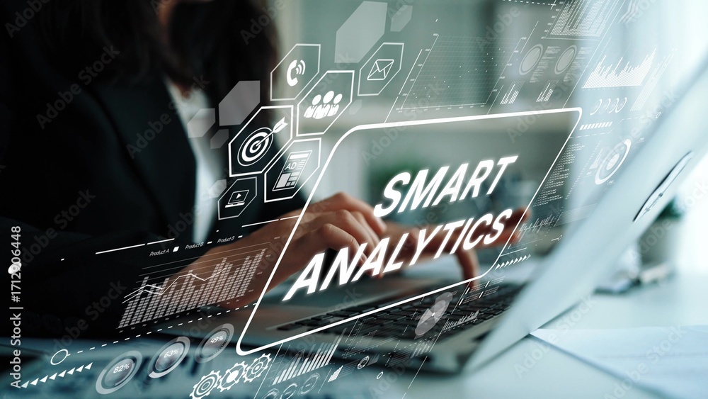 Poster Business Professional Engaging in Smart Analytics with Laptop and Digital Interface Technology. Asymptotic smart data analytic.