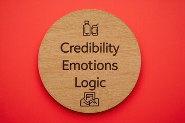 Circular wooden board featuring symbols and the terms Trust Feelings and Reason ethos pathos and logos idea on a crimson backdrop